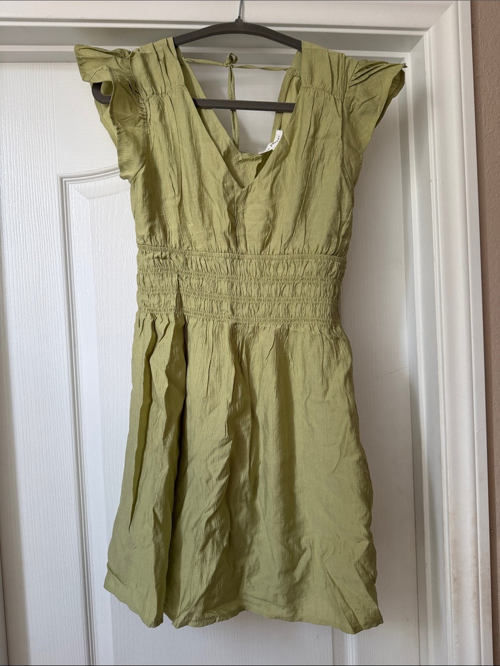 Blu Pepper Olive Green V-Neck Smocked Mini Dress